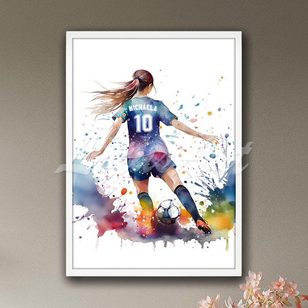 Jugador de fútbol femenino personalizado con nombre y número, arte de pared, fútbol, acuarela, impresión, póster deportivo, decoración, regalos