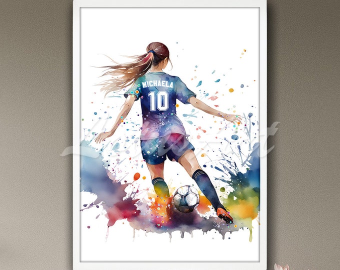 Meisje voetballer gepersonaliseerd met naam en nummer muur kunst voetbal aquarel print sport poster decor geschenken