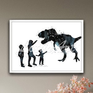 Three Boys and Dinosaur T-Rex Framed Print Tyrannosaurus Rex Watercolor Wall Art Kids Room Gift Nursery Decor Personalised Animal Painting