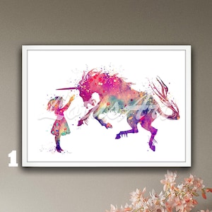 Girl and Unicorn Framed Wall Art Watercolor Print Nursery Decor Fantasy Kids Room Decor Personalised Animals Painting Custom Birthday Gifts