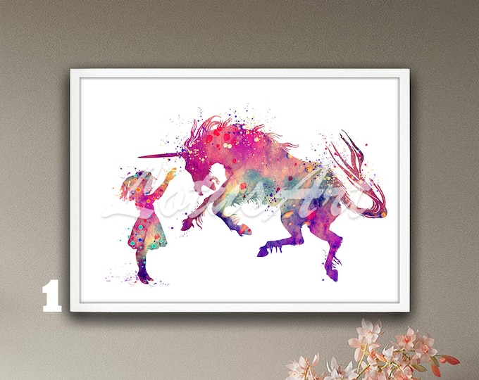 Girl and Unicorn Watercolor Print: Fantasy Nursery Decor