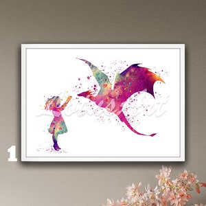 Girl and Dragon Framed Wall Art Watercolor Print Kids Room Decor Personalised Nursery Custom Gifts Dragon Poster Fantasy Animals Paintings