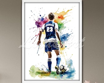 Stampa artistica personalizzata ad acquerello di calciatore maschile: poster personalizzato con nome e numero per ragazzo