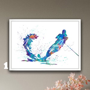 Mädchen Wasserski Wand Kunst Aquarell gerahmter Druck Sport Poster Kinderzimmer Dekor Malerei personalisierte Geschenke Frauen Sport Sport Illustration Kunst