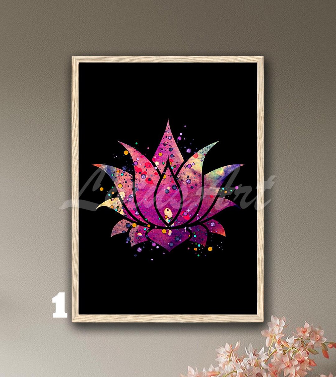 Lotus Flower Watercolor Black Background Print: Zen Floral Wall Art ...
