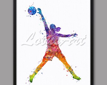 Impresión artística en acuarela de una chica de baloncesto: Decoración deportiva colorida (descarga digital)