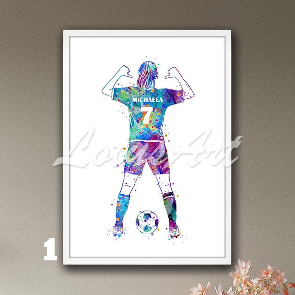 Girl Soccer Personalized Player Wall Art Print Football Watercolor Kids Room Decor Painting Women Sports Poster Gifts