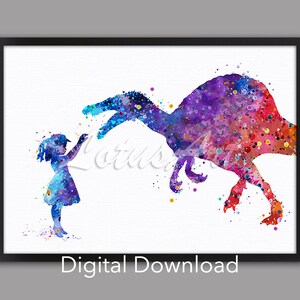 Girl and Dinosaur Spinosaurus Watercolor Print DIGITAL DOWNLOAD