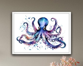 Octopus Watercolor Painting: Coastal Marine Life Art Print, Nautical Ocean Celebration Decor