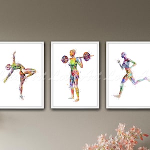 May include: Three watercolor paintings of people exercising. The first painting shows a person doing a yoga pose. The second painting shows a person lifting weights. The third painting shows a person running.