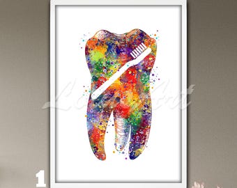 Tooth Anatomy Wall Art Watercolor Print: Tooth and Toothbrush Dental Office Decor Gift