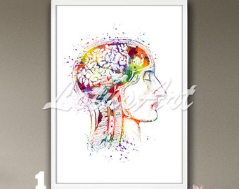 Head and Brain Anatomy Art Framed Watercolor Print Human Anatomical Wall Decor Medical Illustration Head Paintings Surgeon Cabinet Gift