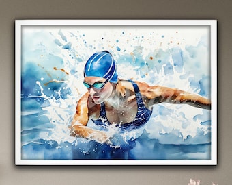 Swimming Girl Watercolor Wall Art: Sports Print, Swimmer Gift for Girls