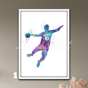 Póster de deportes para hombre con estampado de acuarela de arte de pared de balonmano personalizado para niño, decoración de habitación para niños, regalo
