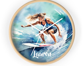 Personalized Girl Surfing Watercolor Wall Clock: Custom Athlete Name, Sports Room Decor