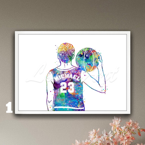 Basket-ball pour garçon personnalisé avec nom et numéro encadré art mural aquarelle impression sport masculin affiche art pour chambre d'enfant décoration de chambre d'enfants