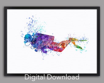 TÉLÉCHARGEMENT NUMÉRIQUE Scuba Diving Wall Art Decor Aquarelle Print Boy Swimming Poster Gifts Underwater Art Illustration Sports nautiques Peinture