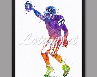 Watercolor Football Player Art Print: Sports Poster, Kids Room Decor (Digital Download)