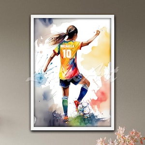 Soccer Girl Player Personalized with Name and Number Wall Art Print Football Watercolor Poster Sports Decor Gift for Her