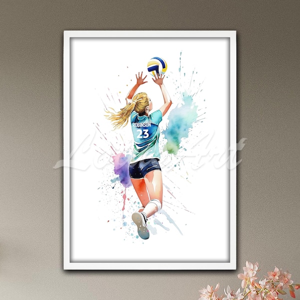 Poster de volley-ball personnalisé : art aquarelle de sport pour filles, décoration de chambre d'enfants
