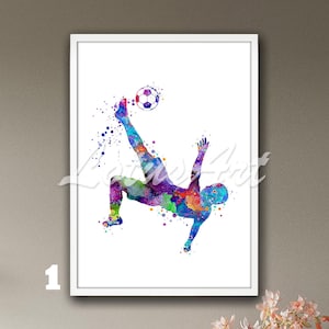 Bicycle Kick Soccer Player Watercolor Print: Boys Room Sports Decor