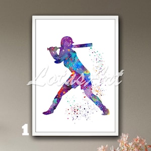 Girl Baseball Softball Batter Player Framed Print Watercolor Painting Nursery Wall Art Illustration Kids Room Decor Personalised Custom Gift