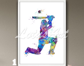 Watercolor Cricket Player Framed Print: Sports Nursery Art