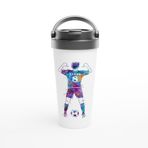 Soccer Boy Player Personalized Travel Mug Stainless Steel Sports Football Art Gift