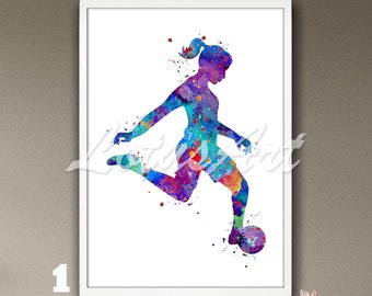 Girl Soccer Player Watercolor Wall Art Print Football Painting Sports Poster Nursery Art Kids Room Decor Personalized Gifts