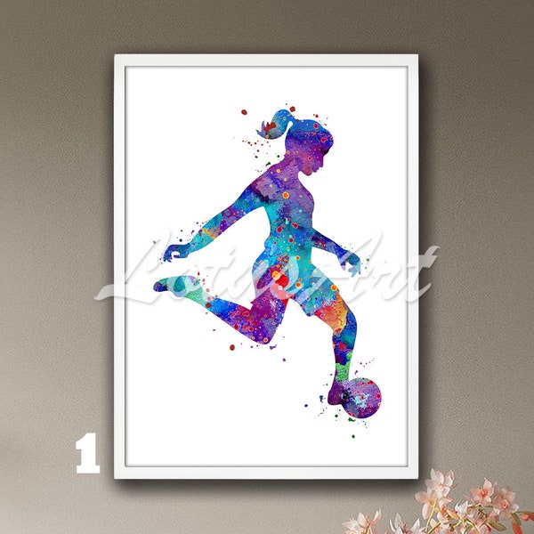 Mädchen Fußballspieler Aquarell Druck, Kinderzimmer Sport Dekor