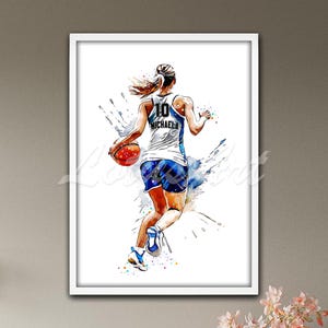Girl Basketball Player Wall Art Watercolor Print, Women Sports Poster, Female Basketball Personalized Gift, Kids Room Decor