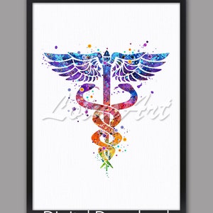 Watercolor Caduceus Print: Medical Symbol Art (Digital Download)