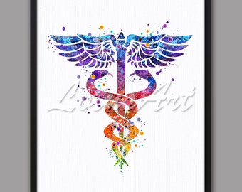 DIGITAL DOWNLOAD Caduceus Medical Symbol Watercolor Print Science Art Doctor Office Gift Colorful Clinic Decor Nurse Gift Medical Poster