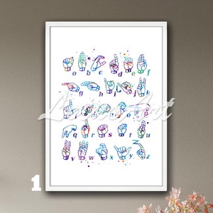 Gebarentaal Alfabet Decor ASL Cadeau Vingerspelling Ingelijste muurkunst Aquarel Handgebaar Doof Audioloog Kantoorposter Medische prints