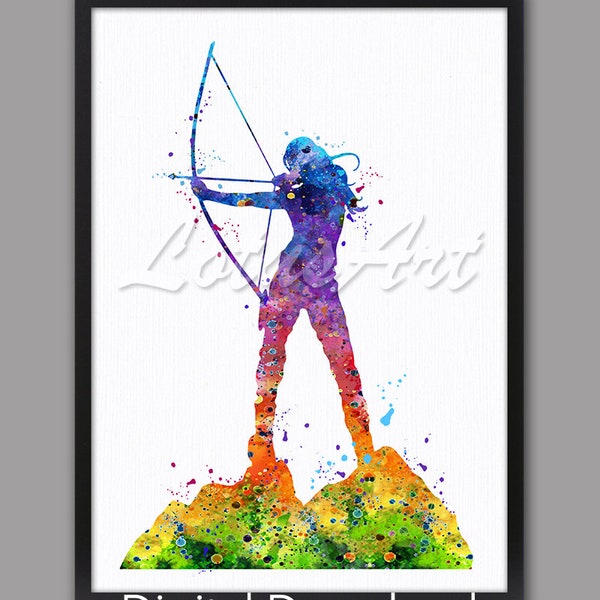 DIGITAL DOWNLOAD Archery Girl Watercolor Print Sports Wall Art Archery Poster Archery Gifts Kids Sports Wall Art Kids Room Decor Archery Art