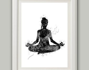 Yoga Pose Lotus Poster Yogi Gifts Black Watercolor Print Studio Art Zen Decor Canvas Meditation Illustration Art Painting Personalised Gifts