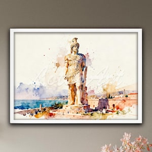 Può includere: Stampa ad acquerello di una statua classica di un uomo in armatura, con uno scudo. L'opera presenta una cornice bianca, con un paesaggio costiero sullo sfondo. La tavolozza dei colori include sfumature di beige, blu e arancione.