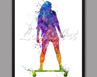 Skateboarding Girl Watercolor Art Print: Teen Room Decor (Digital Download)