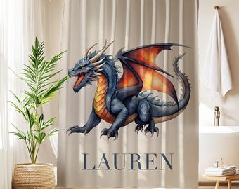 Dragon Personalized Watercolor Shower Curtain: Custom Name Fantasy Bathroom Decor