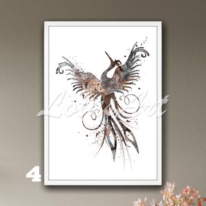 May include: A watercolor painting of a phoenix with a black silhouette and brown and gray watercolor accents. The phoenix is in flight with its wings spread wide and its tail feathers trailing behind it.