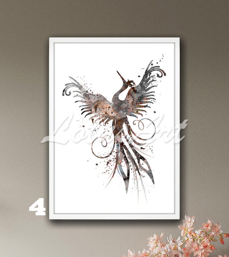 May include: A watercolor painting of a phoenix with a black silhouette and brown and gray watercolor accents. The phoenix is in flight with its wings spread wide and its tail feathers trailing behind it.