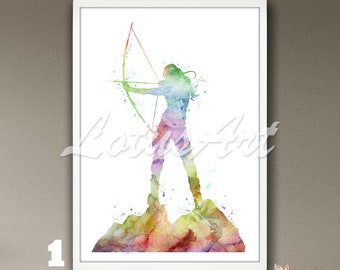 Archery Girl Watercolor Wall Art Print Painting Sports Poster Kids Room Decor Personalised Gifts Gift for Her Illustration Female Archery