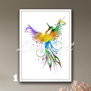 May include: A watercolor painting of a colorful phoenix bird with a long tail and wings spread wide. The bird is surrounded by splashes of paint in shades of blue, green, yellow, orange, and red.