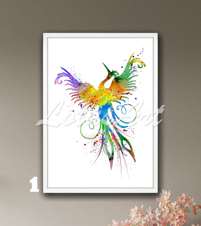 May include: A watercolor painting of a colorful phoenix bird with a long tail and wings spread wide. The bird is surrounded by splashes of paint in shades of blue, green, yellow, orange, and red.