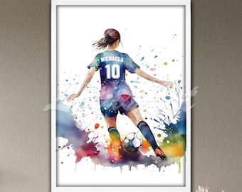 Personalized Soccer Girl Watercolor Print: Custom Name & Number Sport Wall Art