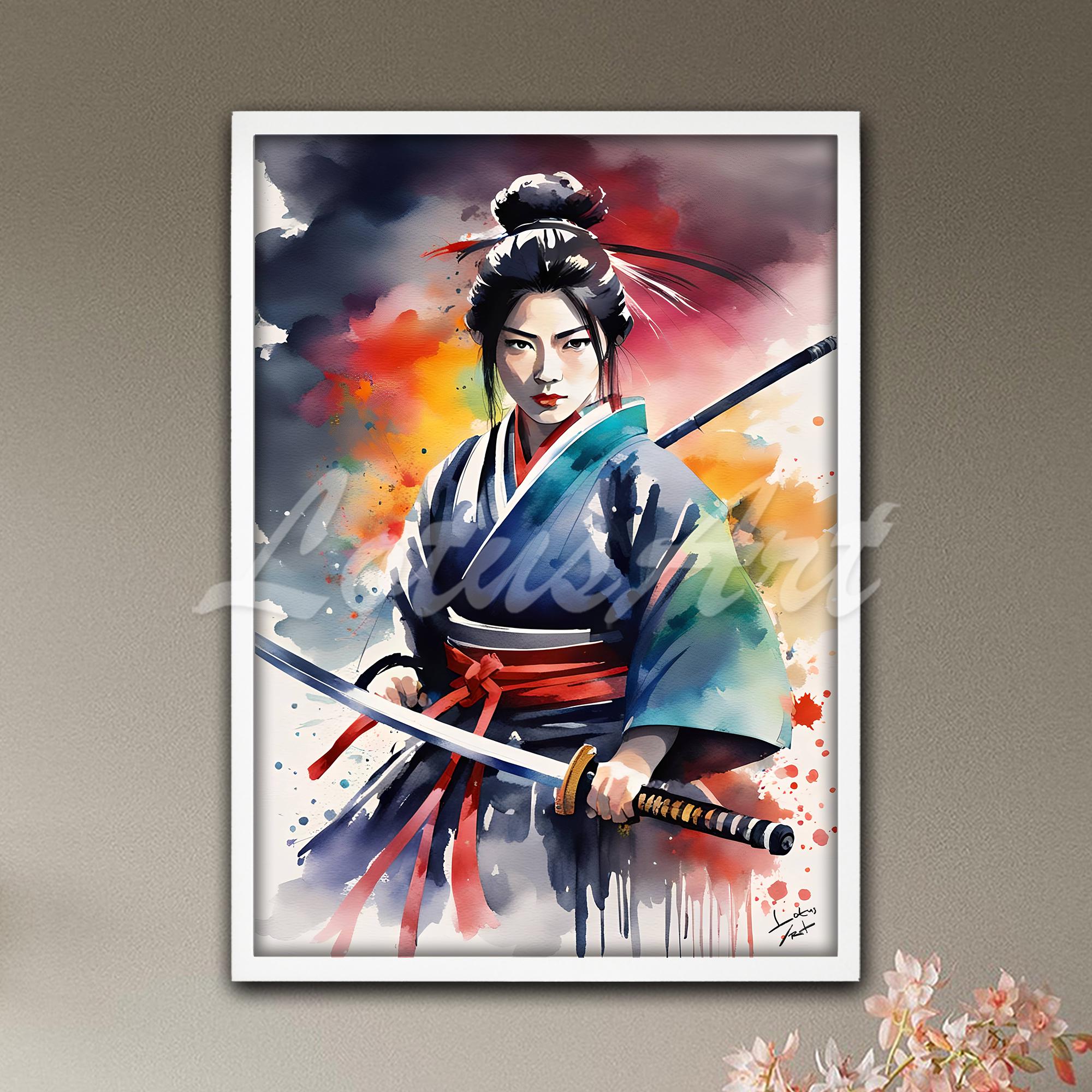 Female Samurai Watercolor Art Print: Japanese Warrior Woman Wall Art ...