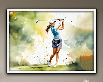 Girl Golfer Watercolor Wall Art: Sports Print Poster, Golf Gift for Girls