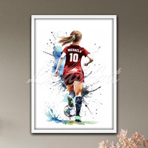 Soccer Wall Art Watercolor Print Personalized Female Football Player Sports Poster Girl Room Decor