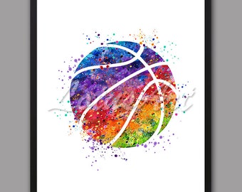 Impression d'art aquarelle de basket-ball : affiche de sport colorée (téléchargement numérique)