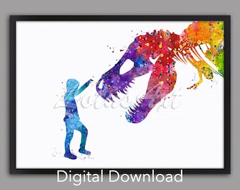 Impressão em aquarela de dinossauro T-Rex: arte para quarto de menino (download digital)
